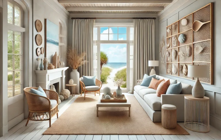 Coastal living room design with natural materials and beach view inspired by Hilton Head Island trends