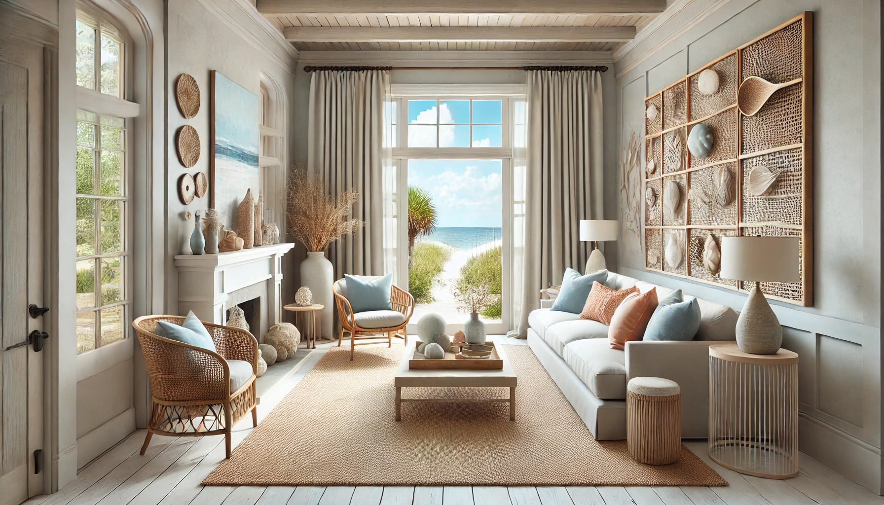 Coastal living room design with natural materials and beach view inspired by Hilton Head Island trends