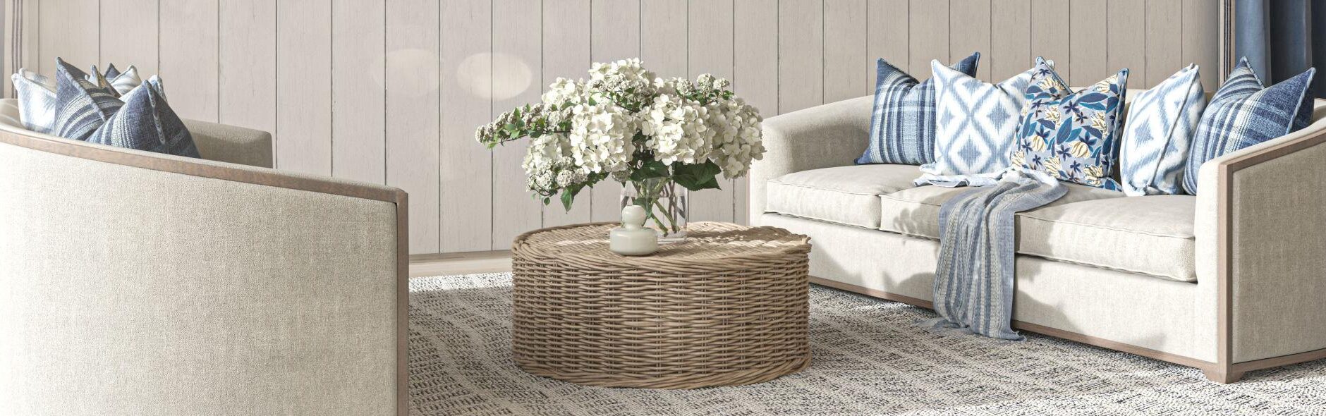 Natural fiber materials used in coastal interior design including woven textures and organic finishes