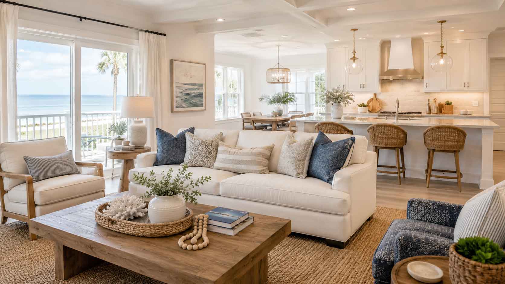 Luxury short-term rental interior design with coastal living room and open kitchen