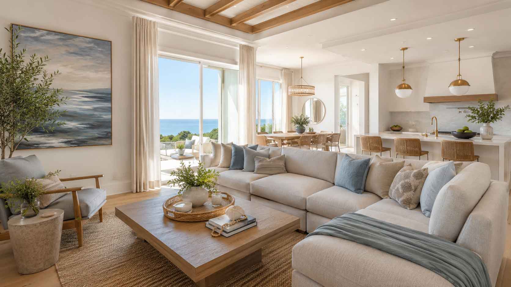 Luxury short-term rental living room with layered coastal interior design