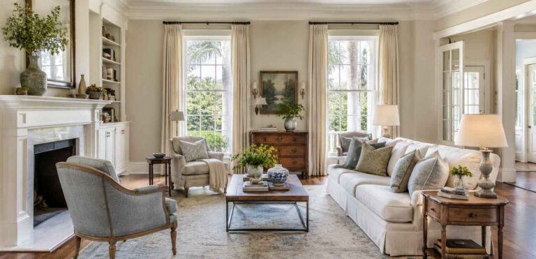 Charleston home interior blending coastal softness with traditional architectural details