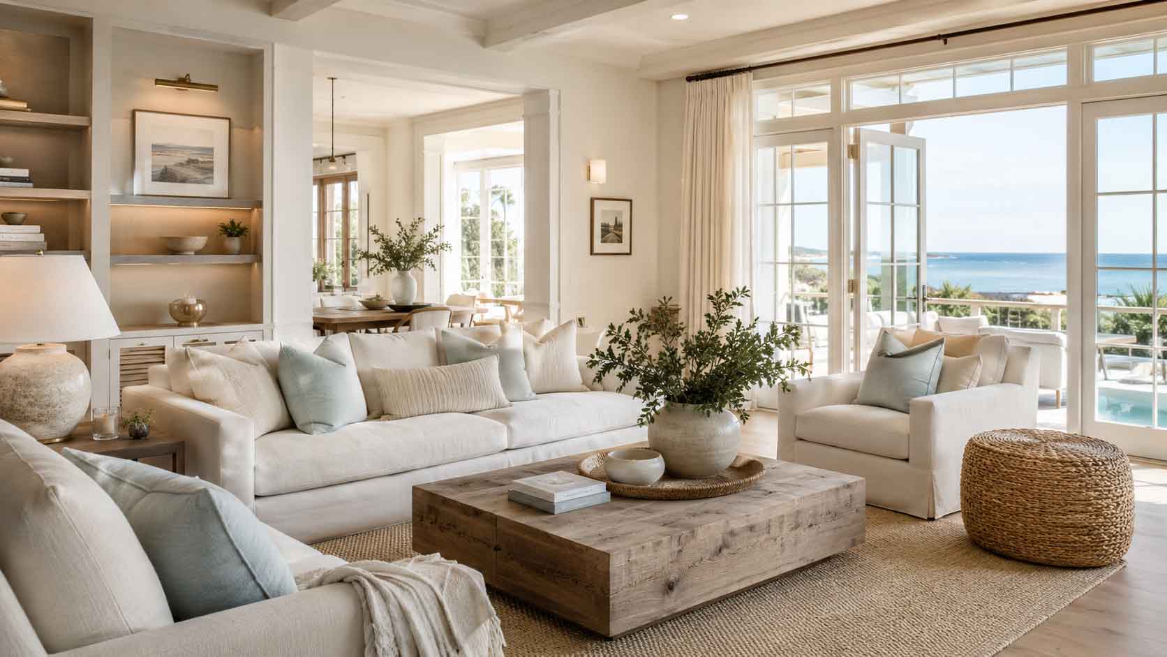 Elevated coastal home interior with layered natural textures and refined neutral palette