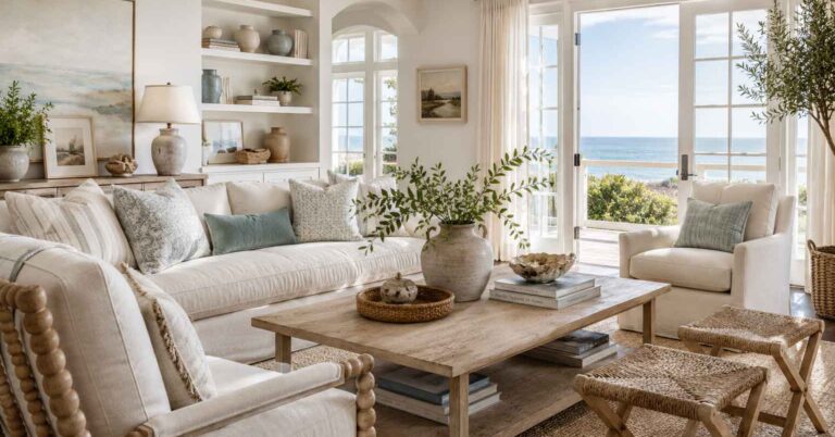 Collected coastal home interior with layered textures, light wood furniture, and soft neutral palette