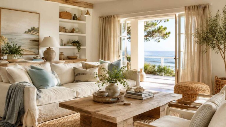 Warm coastal home interior with layered neutrals, natural wood coffee table, and soft ocean view