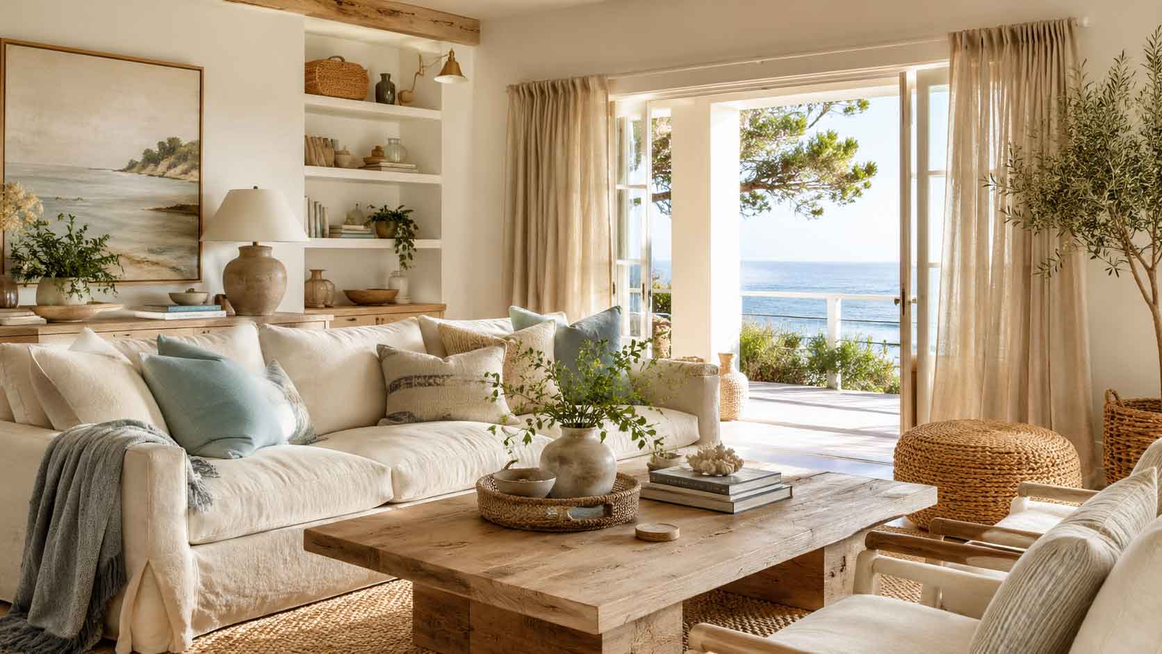 Warm coastal home interior with layered neutrals, natural wood coffee table, and soft ocean view