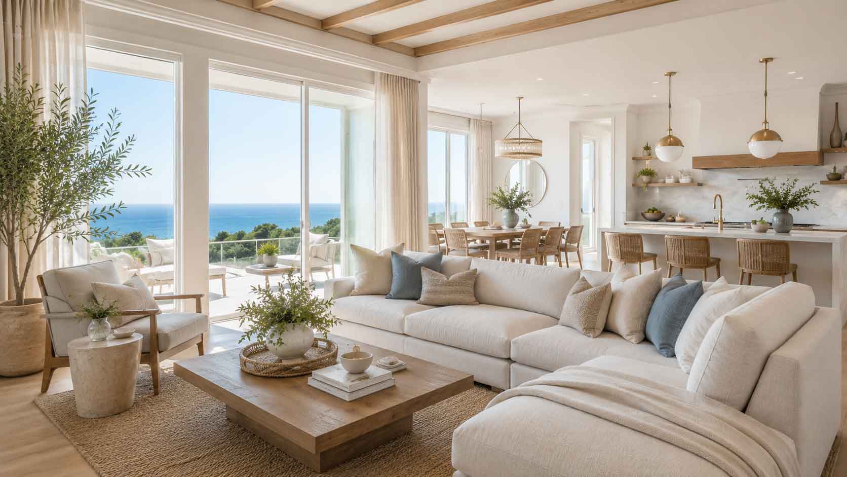 Coastal luxury interior design with layered neutral living room and open ocean-inspired kitchen
