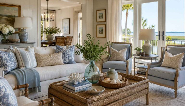 Southern and coastal style living room with layered textures, soft blue accents, and natural woven coffee table