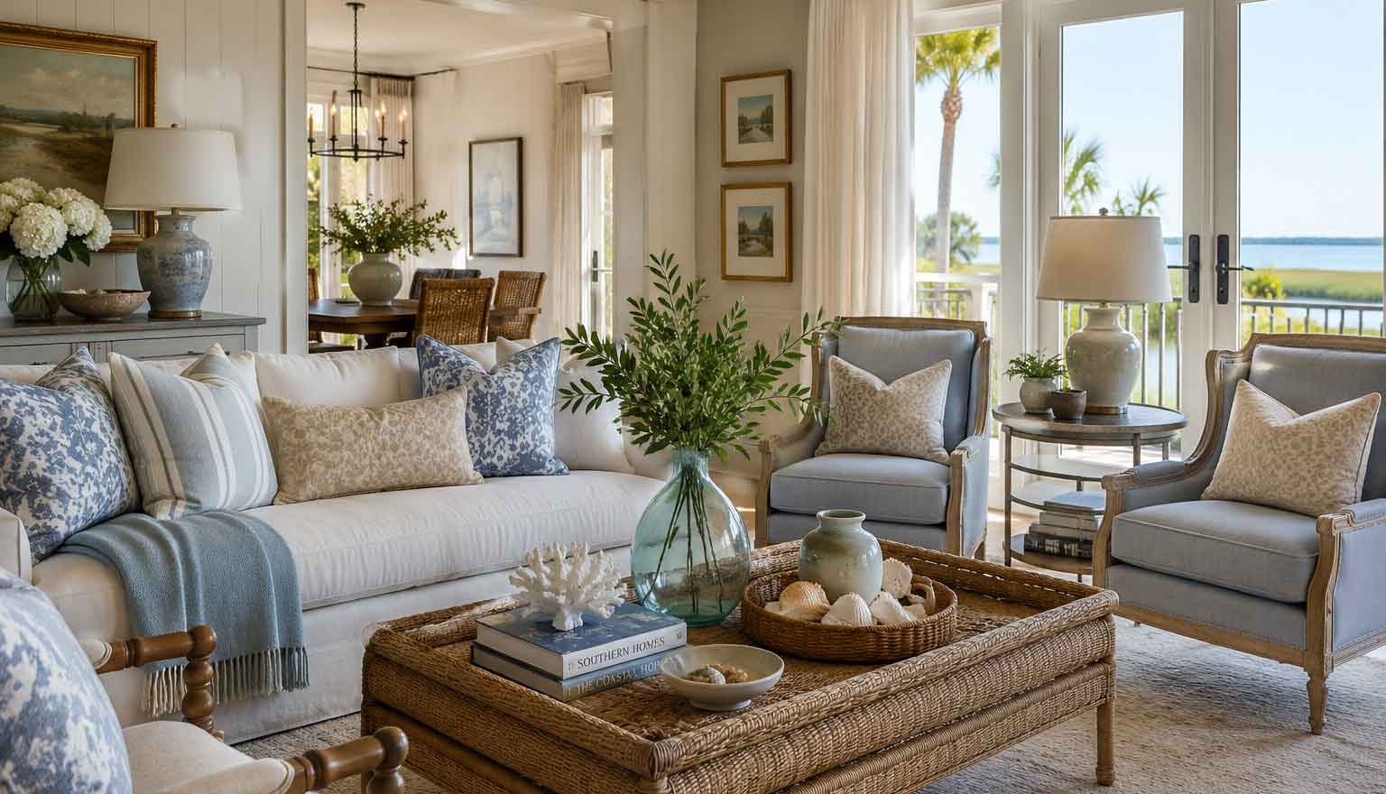 Southern and coastal style living room with layered textures, soft blue accents, and natural woven coffee table