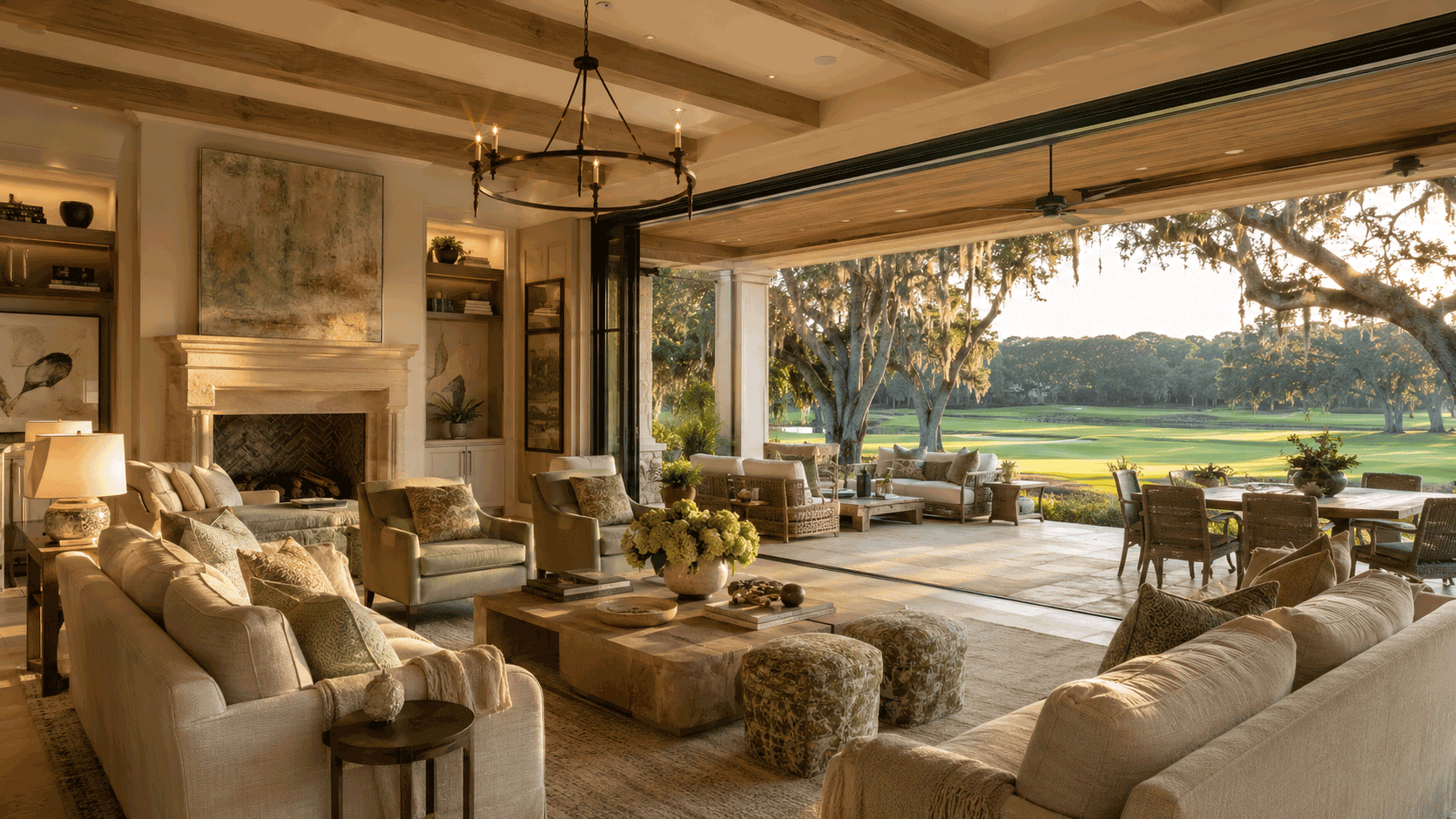 Luxury indoor-outdoor living room overlooking Berkeley Hall golf course in Bluffton South Carolina