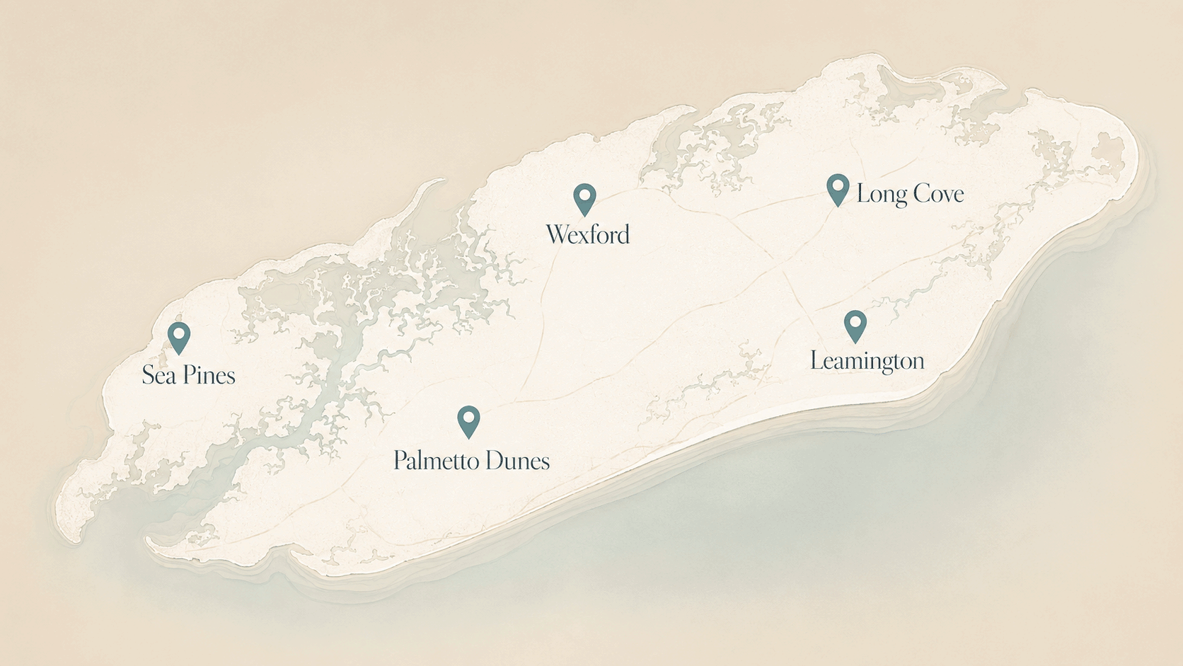 Map of Hilton Head Island showing Sea Pines, Wexford, Long Cove, Palmetto Dunes and Leamington.