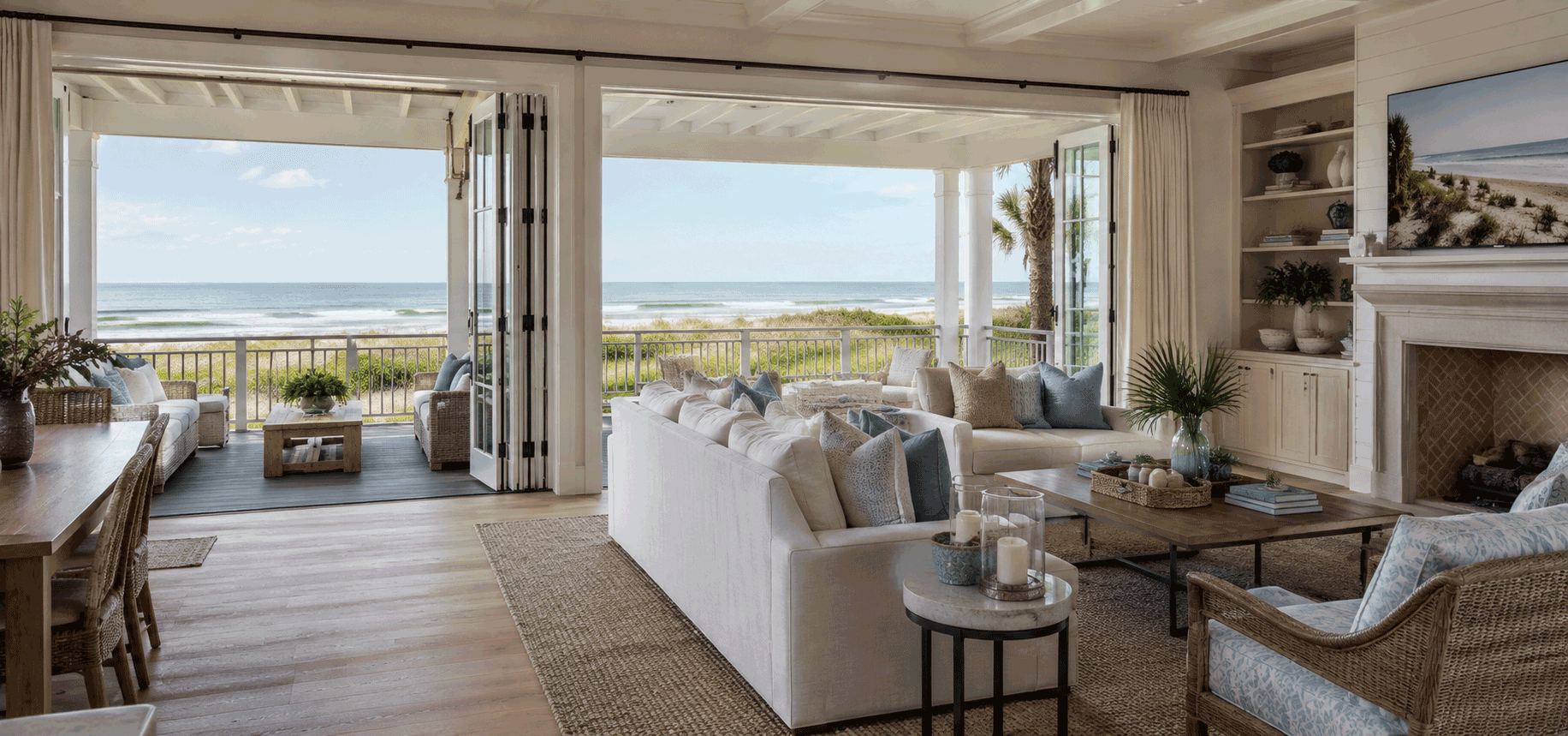Luxury coastal living room in an Isle of Palms oceanfront home designed by Bella Coze Home