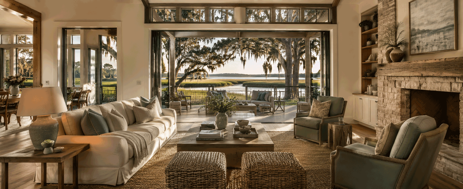 Luxury Sea Pines living room with marsh views and custom interior design