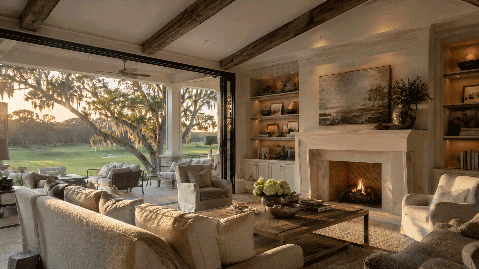 Luxury Belfair home with indoor-outdoor living overlooking the golf course in Bluffton, South Carolina.