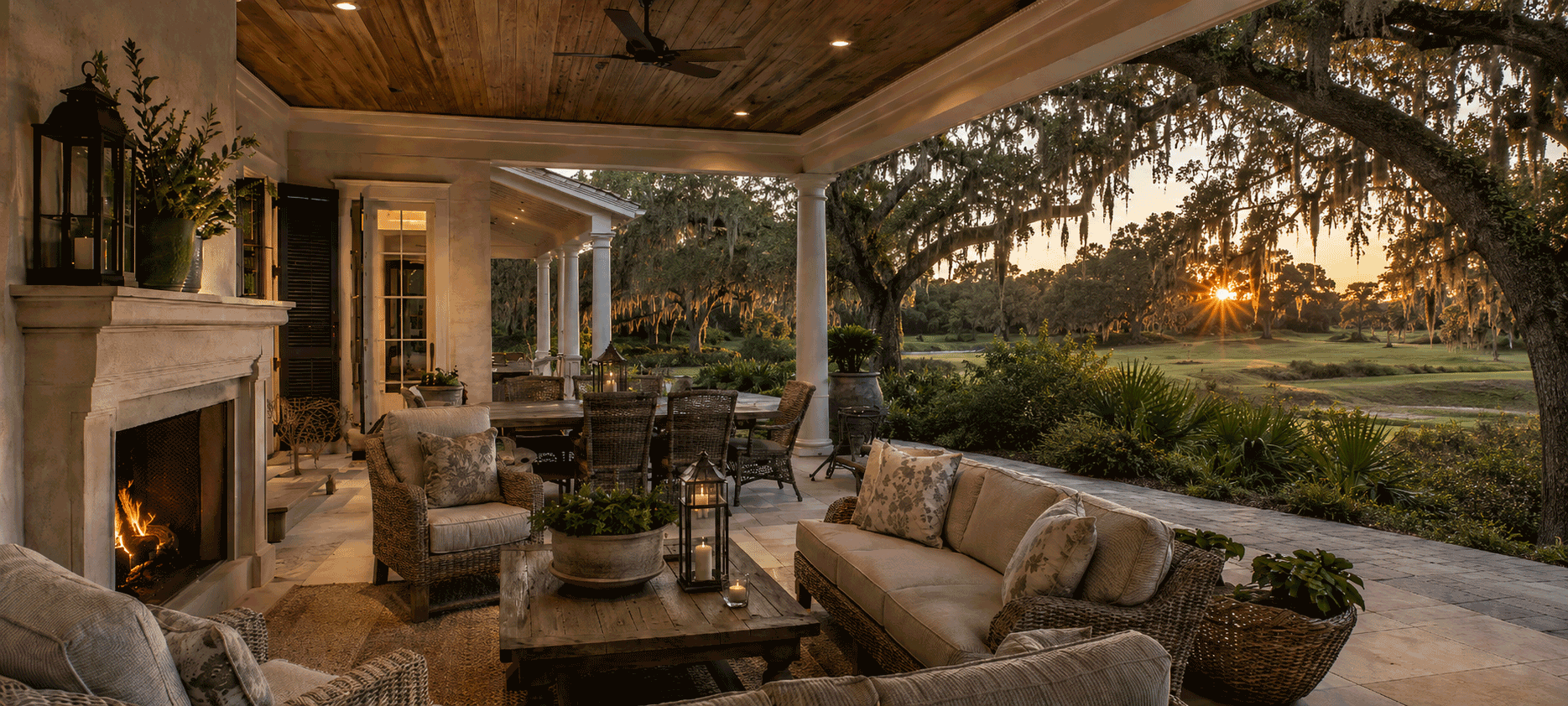 Luxury outdoor living space in a Bluffton private golf community with fireplace, live oaks, Spanish moss, and fairway views