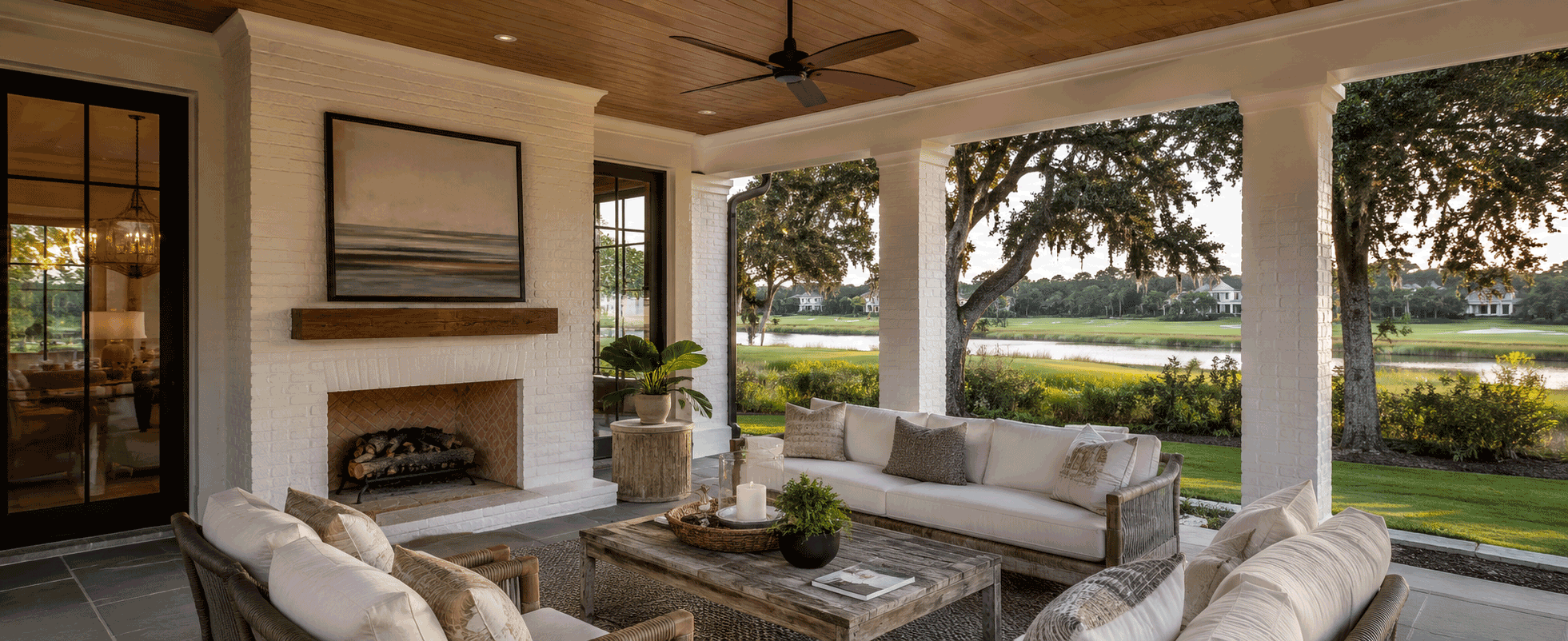 Luxury outdoor living space overlooking a golf course in Daniel Island South Carolina