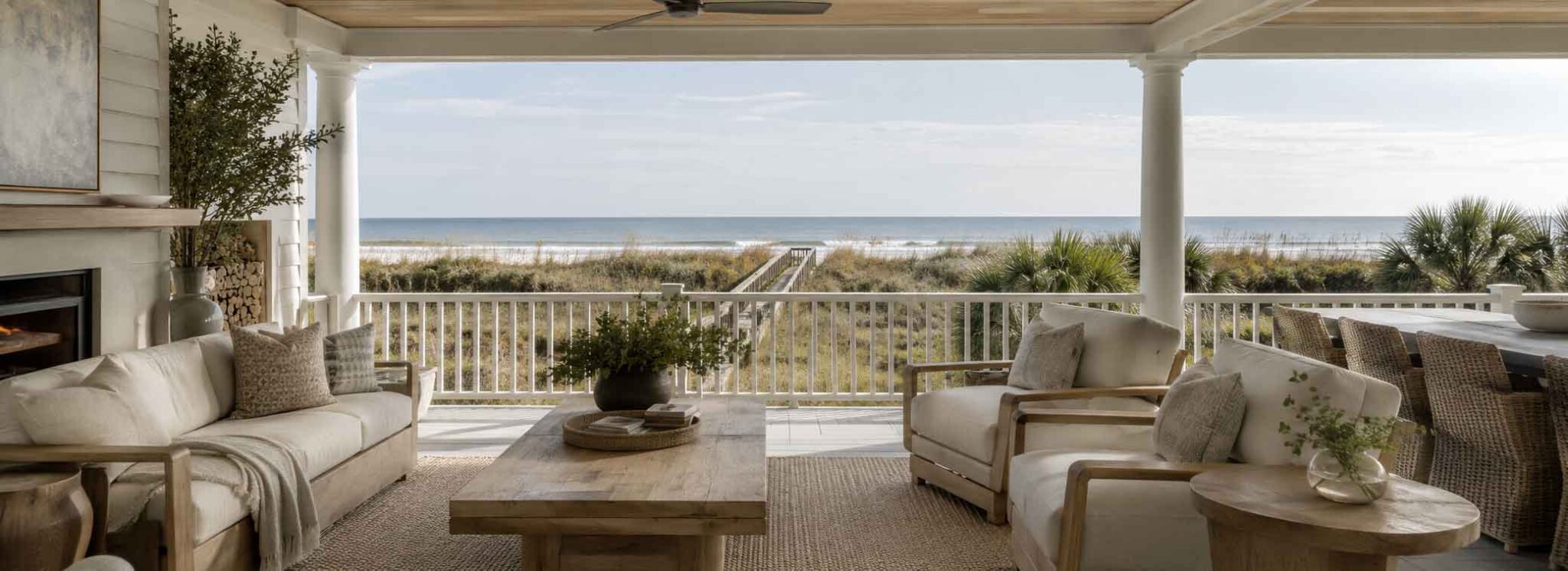 Luxury oceanfront outdoor living space overlooking the beach on Isle of Palms, South Carolina