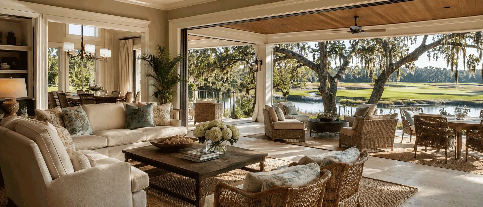 Luxury indoor outdoor living overlooking the golf course in Leamington on Hilton Head Island