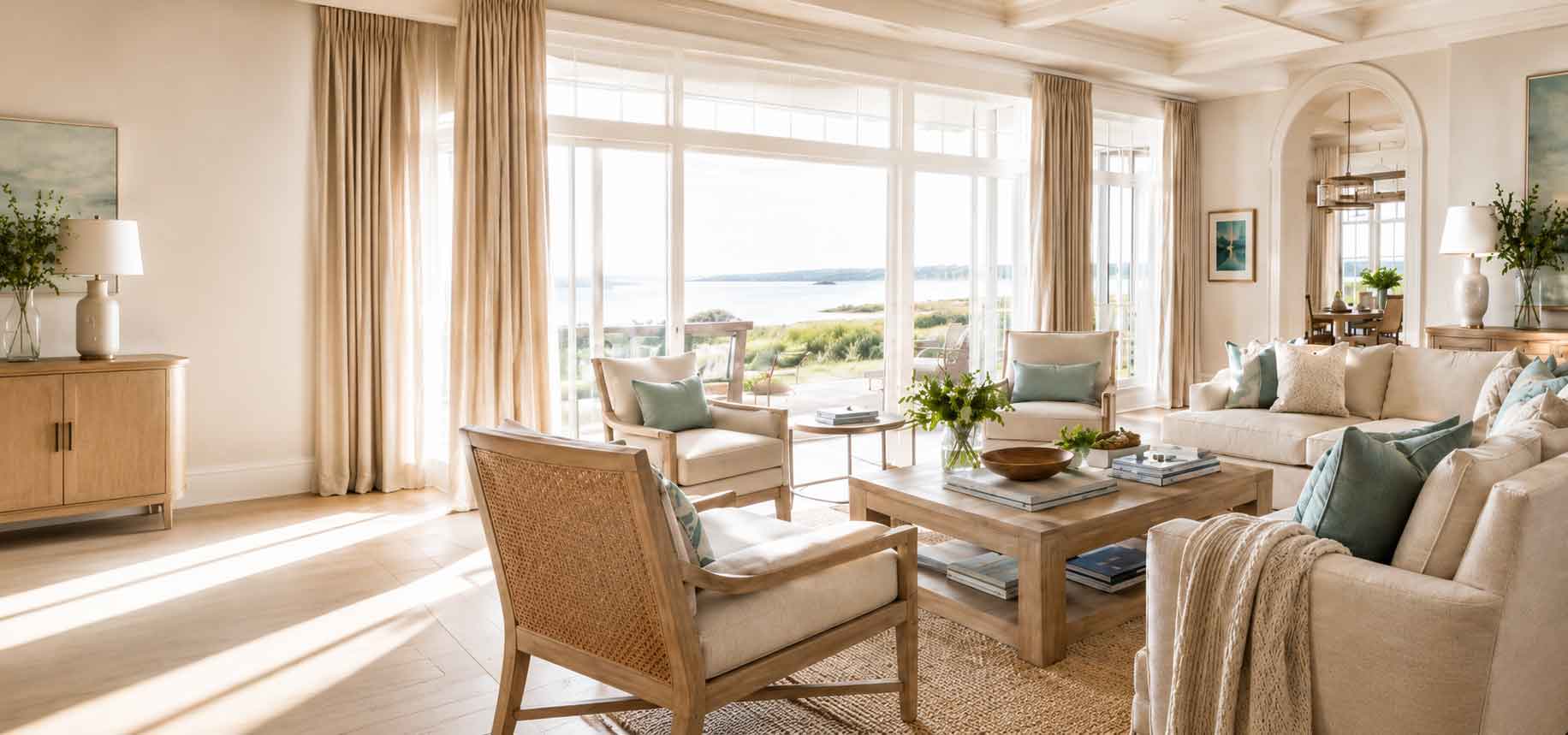 Coastal living room interior design for Bella Coze Home locations page
