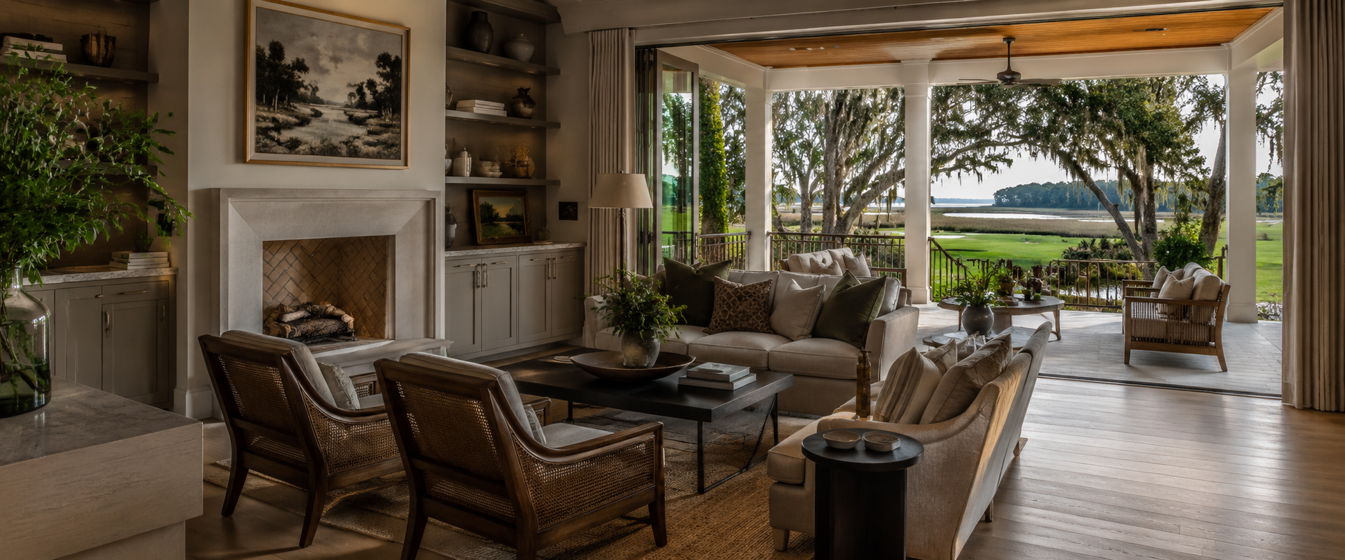 Luxury outdoor living overlooking Long Cove golf course and Lowcountry marsh