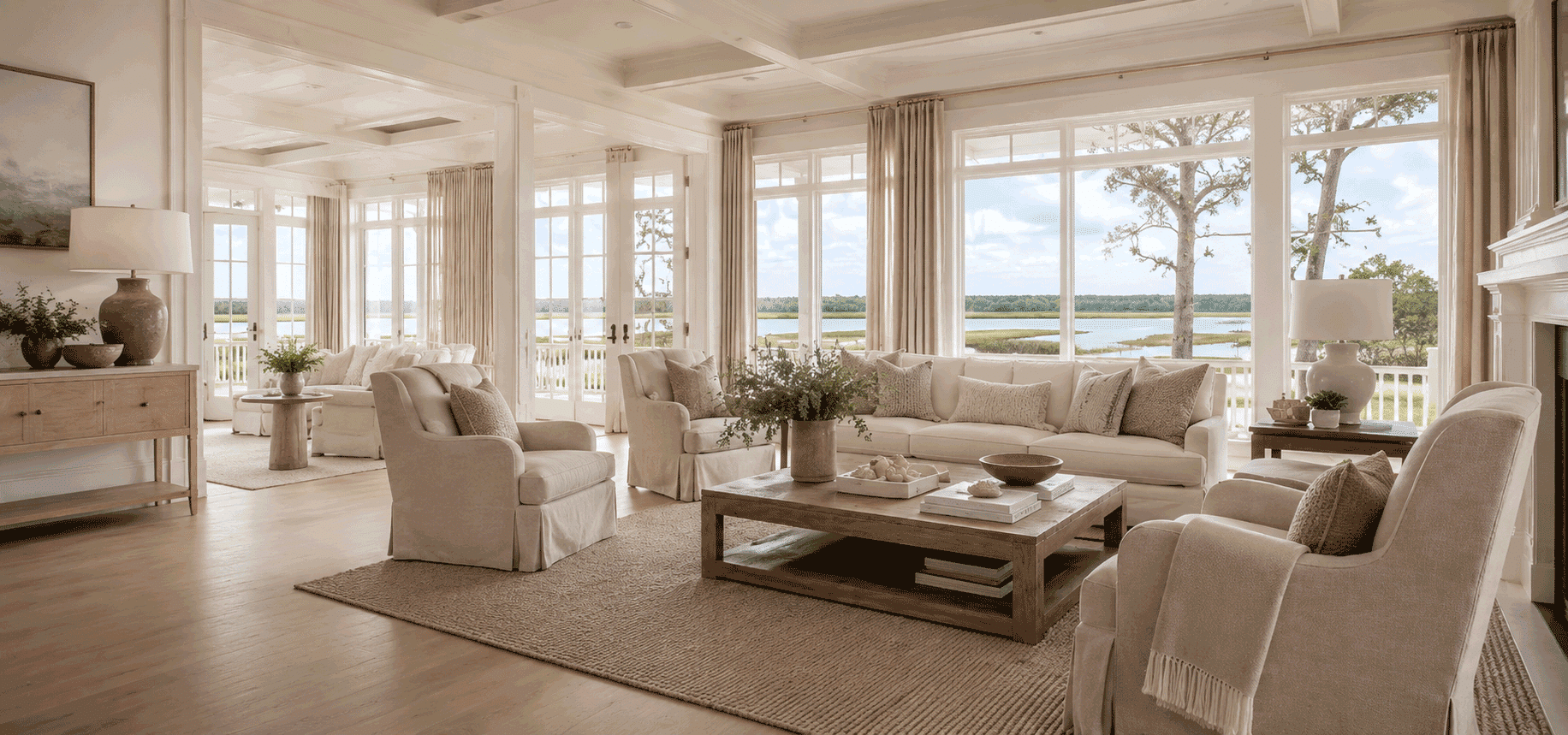 Luxury Mount Pleasant living room with marsh views and refined Lowcountry interior design