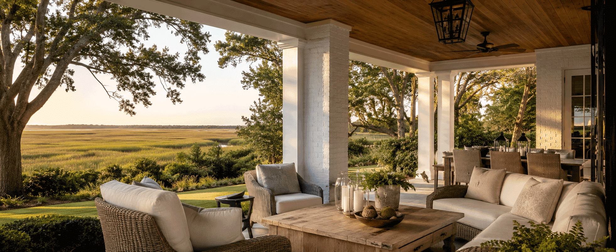 Luxury outdoor living space overlooking the marsh in Mount Pleasant South Carolina