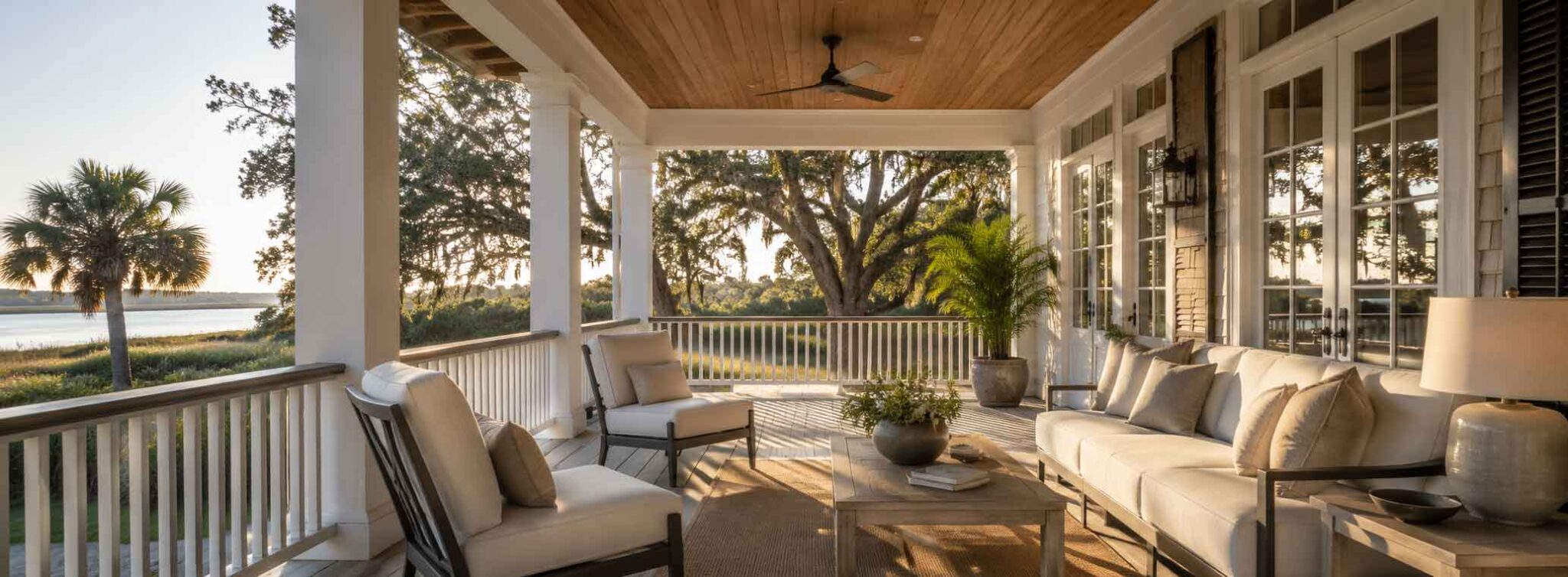 Covered porch overlooking mature live oaks at a Sullivan's Island coastal home