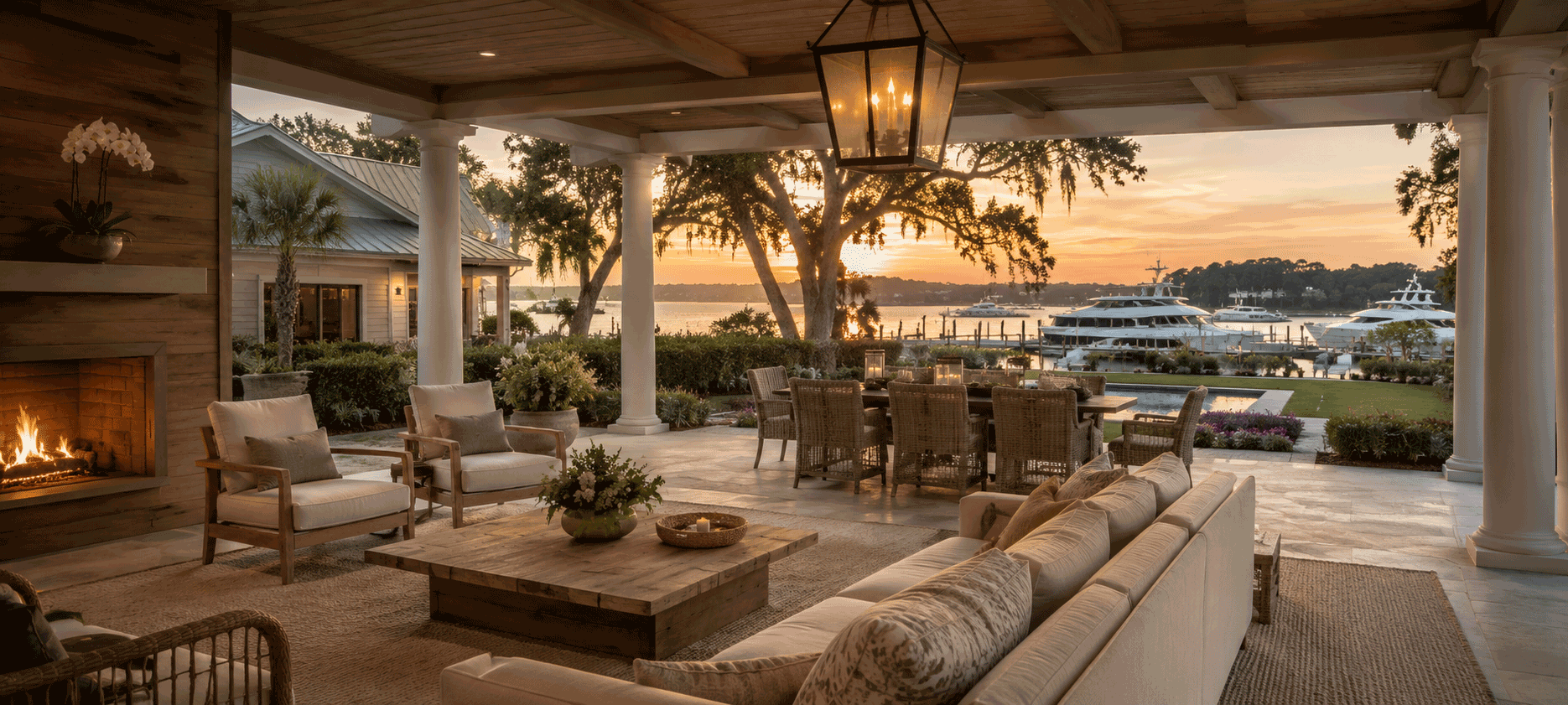 Luxury outdoor living space overlooking Wexford Harbour and marina in Hilton Head Island